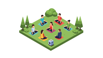 Meditation group practicing yoga outdoors in isometric park setting with nature elements