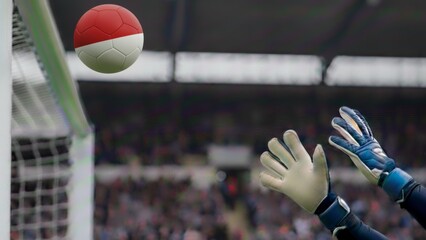 Crucial save attempt by skilled goalkeeper as football hovers near net during intense stadium match