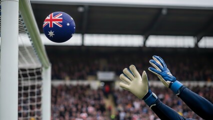 Crucial goal attempt in a thrilling soccer game with the Australian ball challenged by keeper