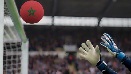 Vibrant Moroccan football soaring towards the net as skilled goalkeeper gloves prepare for an