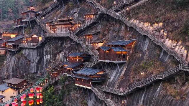 Aerial view of structures clinging to the steep mountain, illuminated by warm lights and connected by winding staircases, Wangxian Valley, China.