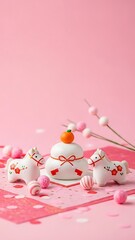 Adorable easter eggs and candy on pink background with flowers