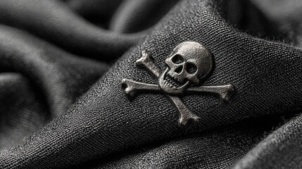 Close-up of a metallic skull and crossbones emblem on a textured black fabric backdrop