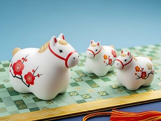 Three white ceramic horses with floral designs on a green and white mat