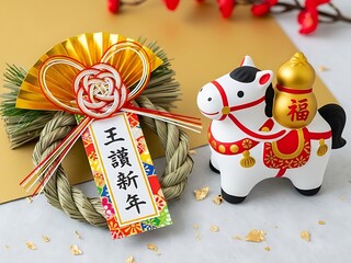 Chinese new year decoration with horse figurine and gift tag