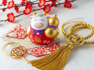 Chinese new year decoration with cow figurine and gold tassel