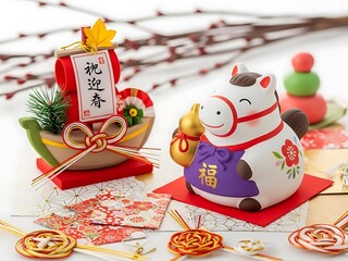 Japanese new year decoration with cow figurine and coins