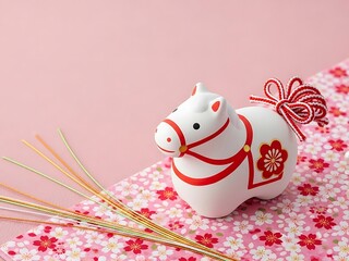 White and red japanese horse figurine on floral fabric