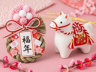 White horse figurine and chinese new year decoration with flowers and ribbons