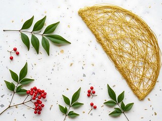 Gold christmas decoration with green leaves and red berries on white background