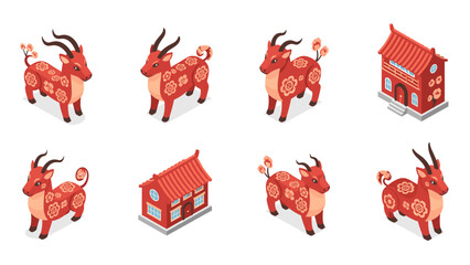 Isometric chinese zodiac ox figures and decorative buildings in red festive style