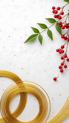 Golden ribbon and holly on white background for christmas decoration