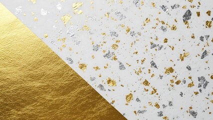 Gold foil background with colorful confetti and white sparkly texture