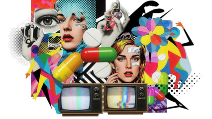 Vibrant Collage of Pop Culture Icons with Women, Pills, and Retro TVs on Black Background