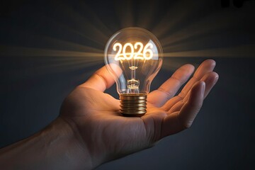 Hand holding glowing light bulb showing year 2026