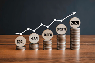 Business growth chart with coins and success milestone