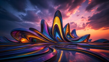 Abstract sunset over desert and ocean with glowing waves and colorful light patterns