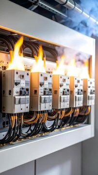 Electrical system panel with circuit breakers engulfed in flames and generating smoke during an electrical fire incident situation, dangerous.