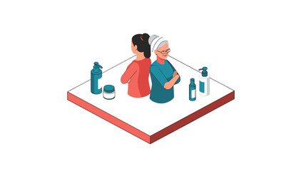 Generational contrast in skincare: young and elderly women with cosmetics in isometric design