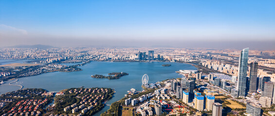 Panoramic aerial view of the skyline of Jinji Lake, Suzhou, Jiangsu, China © Govan