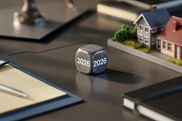 Dice showing year 2026 on office desk