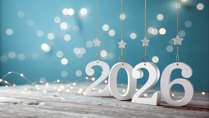Happy New Year 2026 celebration background with hanging 3D numbers, glowing lights and minimal professional design