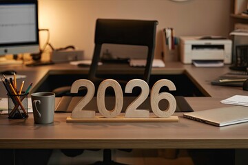 Modern office desk with wooden year 2026 numbers