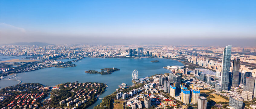 Panoramic aerial view of the skyline of Jinji Lake, Suzhou, Jiangsu, China