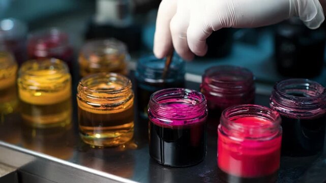 Closeup medium shot of a technician preparing vivid ink with rich color saturation emphasizing boldness and visual impact.