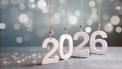 Happy New Year 2026 celebration background with hanging 3D numbers, glowing lights and minimal professional design