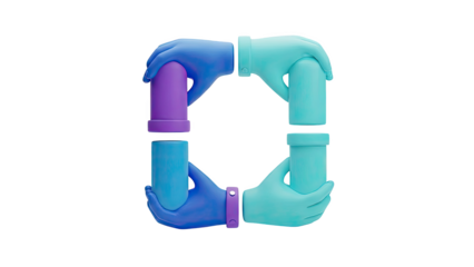 Four stylized hands holding colorful cylinders in a square arrangement