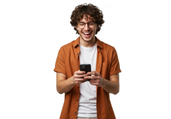 Young man with curly hair laughing at phone isolated on transparent background