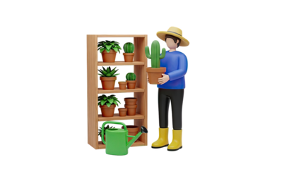 Gardener with Potted Cactus and Plant Shelf