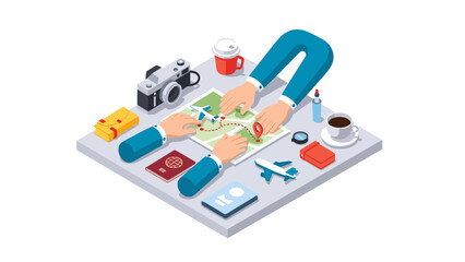 Travel planning isometric workspace with maps, passport, and miniature airplane decor