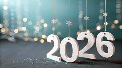 Happy New Year 2026 celebration background with hanging 3D numbers, glowing lights and minimal professional design