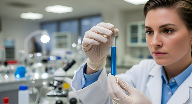 Female scientist examining blue liquid in test tube in laboratory setting - Powered by Adobe
