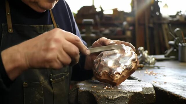 A man in a workshop uses a chisel to shape a glowing hot copper object on a workbench