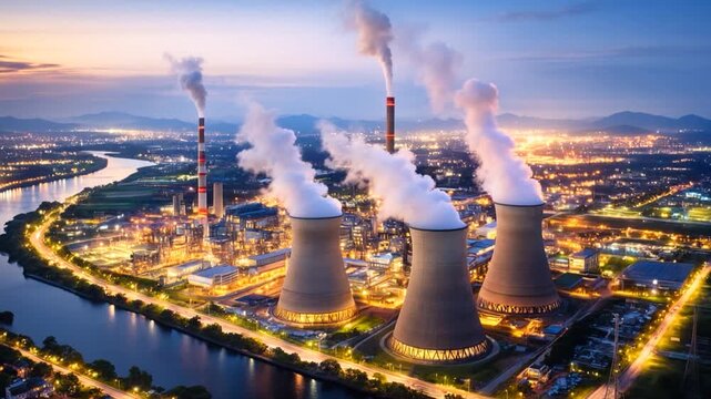 Large nuclear complex at night with cooling towers and industrial structures illuminated time lapse.
