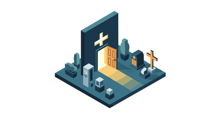 Obraz premium Isometric cemetery scene with tombstones, crosses, and lit chapel door in low poly style