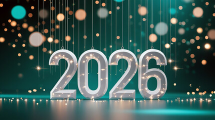 Happy New Year 2026 celebration background with hanging 3D numbers, glowing lights and minimal professional design