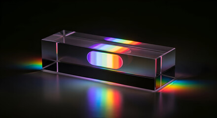 Glass prism refracting light into vibrant rainbow colors on dark background