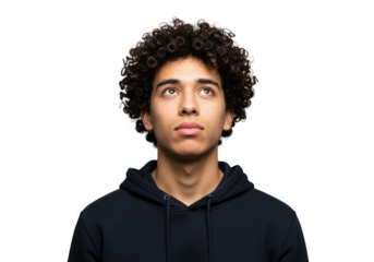 Young man with curly dark hair gazes upward in thoughtful portrait transparent background
