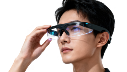 Futuristic wearable headsup display glasses featuring sharp contrast projections on a transparent lens isolated on a clean white background.