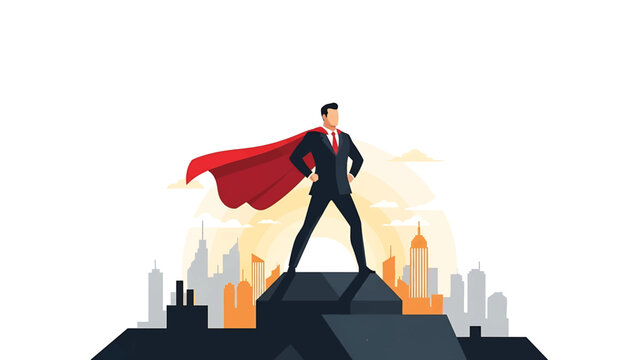 A figure in a suit and red cape stands on a rooftop, overlooking a city skyline. The background shows a rising sun and clouds