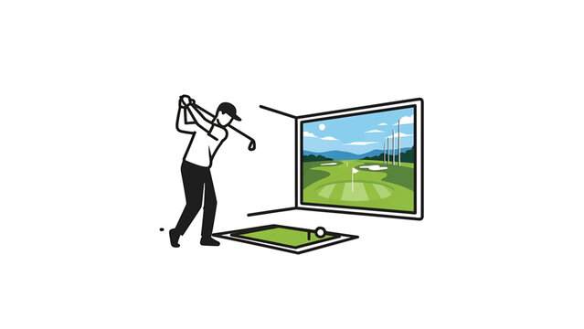 A figure is depicted swinging a club. A virtual golf course is shown on the wall as a person prepares to play a game