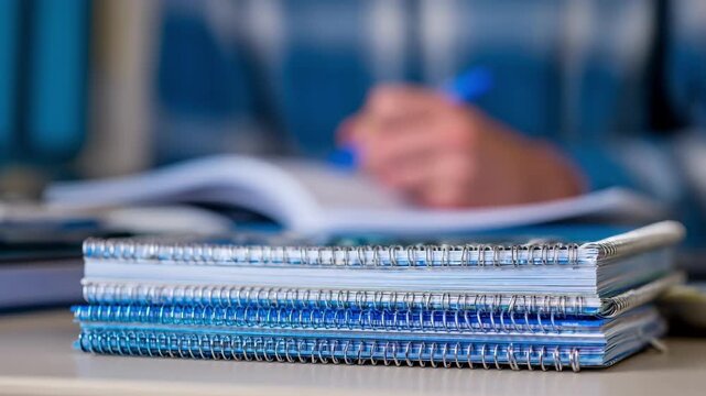 Workspace scene showing a person arranging wireo binding spines focusing on spiral assembly for a durable report manual.