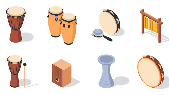 Isometric percussion instruments collection: drums, tambourine, and more