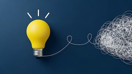 A bright yellow illuminated light bulb represents a brilliant sudden idea emerging from complex, tangled thoughts represented by white scribbles.