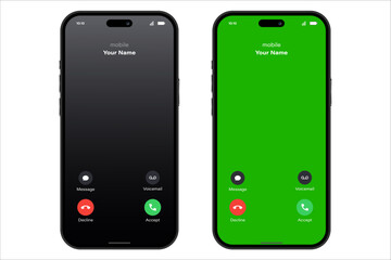 Two modern smartphone mockups display an incoming call screen interface, featuring options to accept or decline the call, with one screen utilizing a green chroma key background for easy compositing.