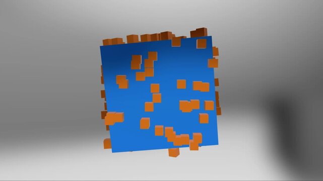 Abstract 3D motion graphics of a large blue cube rotating with small orange cubes shifting and morphing on its surface against a grey background